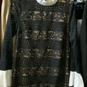 English Factory Elegant Black lace‎ dress with White collar and cuffs, XS